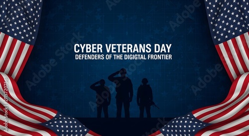 Cyber Veterans Day graphic with American flags and silhouettes.