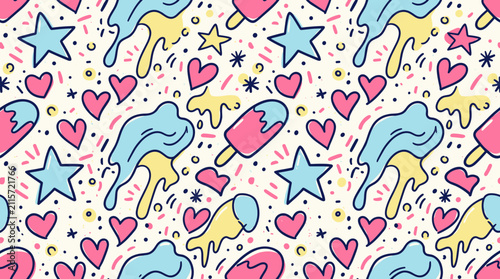 Seamless pattern with cute melting ice cream stars and hearts for summer themed products