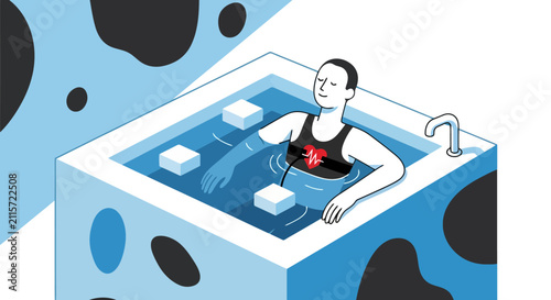 Person relaxing in blue pool with geometric shapes in minimalist style