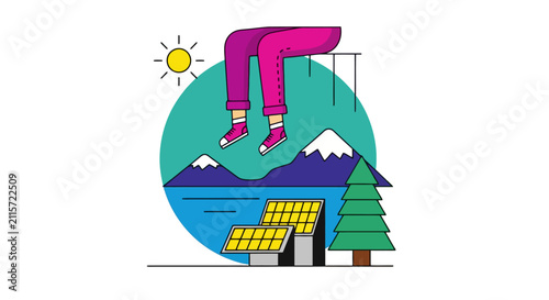 Person jumping over mountains and lake during a sunny travel adventure