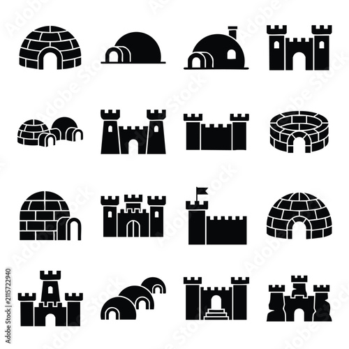 Картината върху платно Set of military artillery and weaponry icons featuring cannons and missile launc