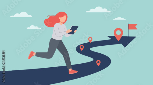 Woman navigating a strategic path with milestones towards a business goal