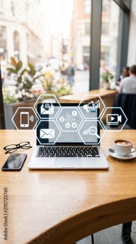 Laptop with digital marketing icons. Online business strategy and social media management.