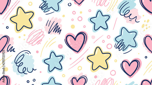 Sweet seamless pattern with hand drawn stars and hearts for baby nursery textile printing