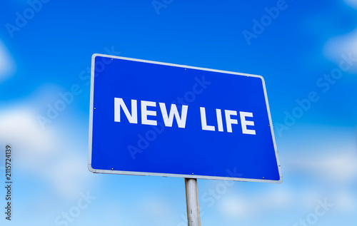 New life blue road sign post against bright sunny blue sky