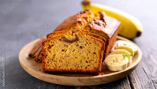 Delicious Homemade Sliced Banana Bread on a Wooden Plate with Fresh Banana and Cinnamon