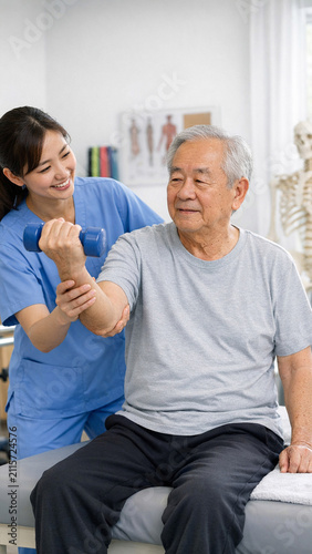 Elderly man receiving a therapeutic massage at a medical clinic with the help of a professional caregiver. This image represents elderly care and physical therapy in clinical settings.
