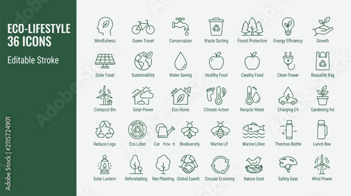 Eco-Lifestyle Line Icons Set – 36 Editable Stroke Vector