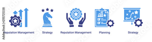 Modern Reputation Strategy icon set featuring planning, reputation management, business development, strategic analysis, and growth concepts.