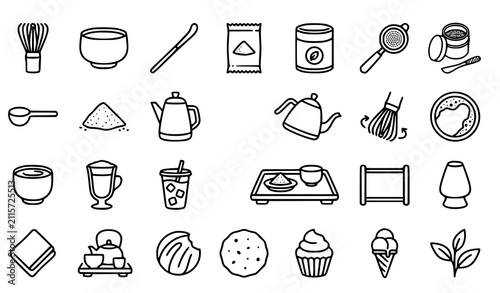 Bild auf Leinwand Japanese Matcha Brewing and Tea Ceremony Editable Outline Icons with Whisk and B