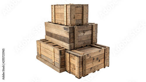 Stack of rustic vintage wooden shipping boxes crates isolated on transparent background