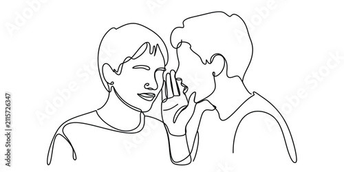 Continuous line drawing of a person whispering a secret to a friend Vector, illustration