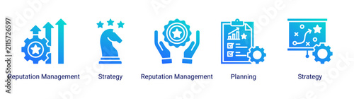 Modern Reputation Strategy icon set featuring planning, reputation management, business development, strategic analysis, and growth concepts.