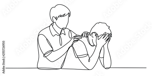 Konstfotografi One continuous line drawing of a person comforting a sad man who is crying and c