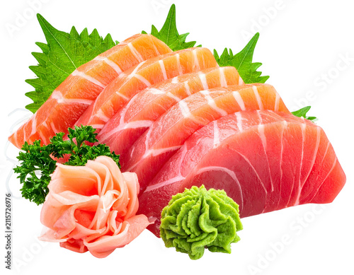 Fresh Raw Salmon and Tuna Sashimi Platter with Ginger and Wasabi