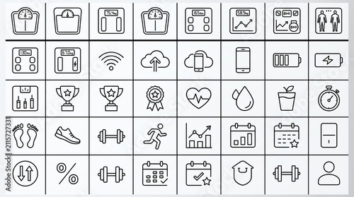 A motivating grid of fitness icons, symbolizing wellness, discipline, and achievement, celebrating scales, trophies, and heart monitors as timeless emblems of health and progress.
