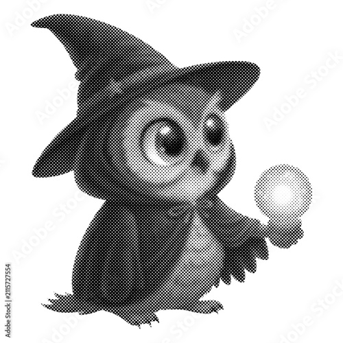 Cute cartoon owl wizard vector illustration. Grayscale dithered halftone character wearing a pointy hat and cape while holding a glowing crystal orb. Spooky Halloween mascot design.