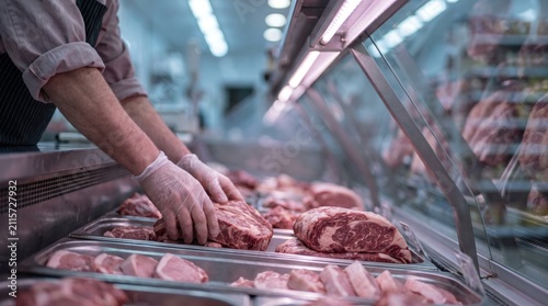 Professional butcher wearing gloves arranging fresh raw beef steaks in a refrigerated shop display case