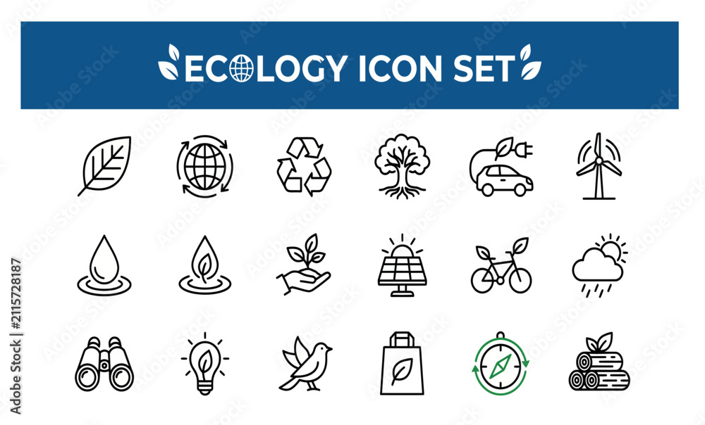 Fototapeta premium Set of ecology and environmental protection line icons for sustainable development projects.