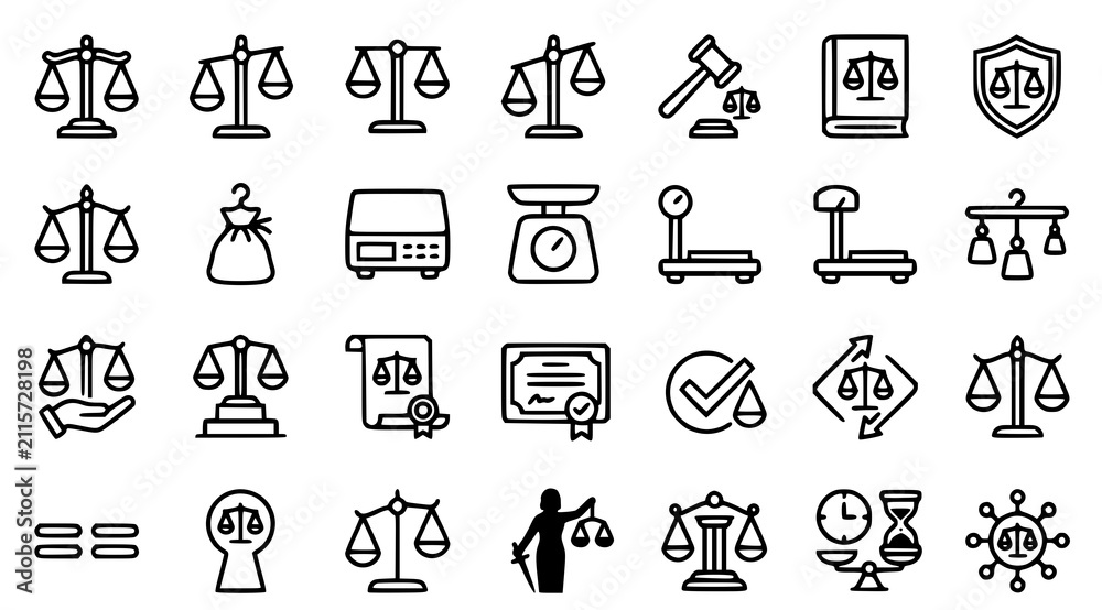 Fototapeta premium Justice scales and weight balance vector icon set with legal law measurement fairness and compliance symbols isolated on white background