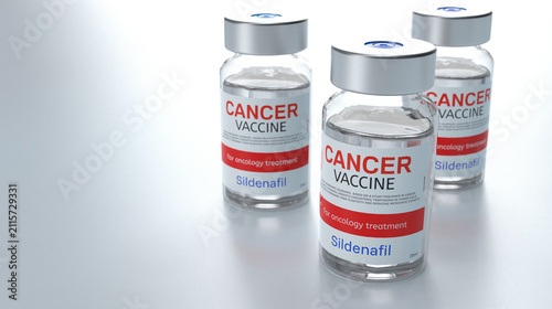 Conceptual cancer vaccine bottles featuring Sildenafil medication for pharmaceutical research and therapy