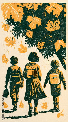 Illustration of Children Walking to School Autumn.