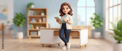Cartoon woman in office holding tablet and checking watch