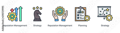 Modern Reputation Strategy icon set featuring planning, reputation management, business development, strategic analysis, and growth concepts.