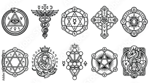 Photography Occult alchemy symbols and mystical sigils set, 10 esoteric vector icons with sa