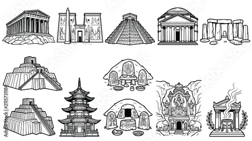 Obraz na płótnie Ancient civilization landmarks vector set, hand drawn historical ruins and templ