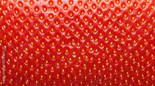 Macro close up of fresh red strawberry skin texture with yellow seeds, full frame fruit background