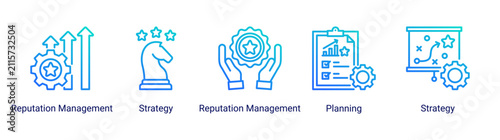 Modern Reputation Strategy icon set featuring planning, reputation management, business development, strategic analysis, and growth concepts.