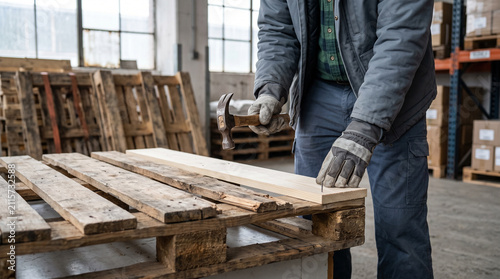 Carpenter replacing pallet board in workshop