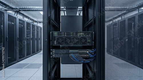 Enterprise GPU server rack in data center. High performance computing cluster hardware unit.
