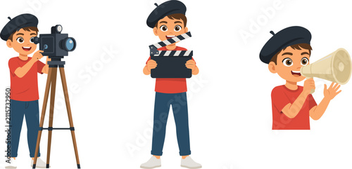 Cute Boy Filmmaker Cartoon Character Set with Movie Director Child Holding Clapperboard Megaphone and Operating Cinema Camera Vector Illustration