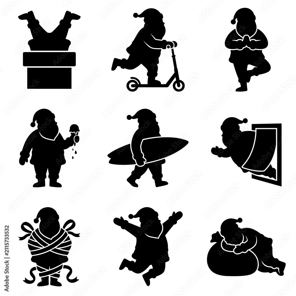 Obraz premium Weihnachten lustig vector santa silhouette funny bundle. Stencil icons of claus stuck in chimney, riding a scooter, carrying a surfboard, eating ice cream, and doing yoga.