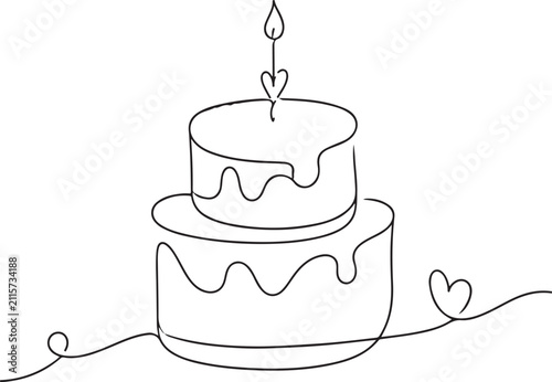 Continuous line drawing of a two tier birthday cake with a heart candle