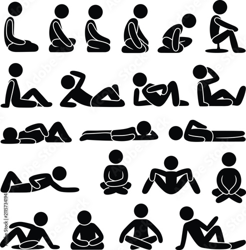 Obraz na płótnie Set of black stick figure showing various sitting and lying down poses, resting,