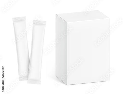 Blank package stick sachet mockup with paperboard box mockup for design, branding, presentation of product. 3D hight realistic vector illustration isolated on white background. Scalable. EPS10.