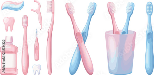 Foto Dental care and oral hygiene set with pink and blue toothbrush toothpaste floss