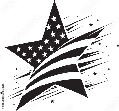 Black and white American star graphic with speed lines and patriotic style