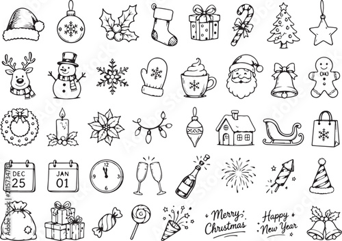 Set of hand drawn Christmas and New Year holiday doodle icons