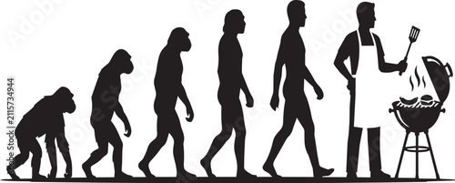 Evolution of man to BBQ master silhouette, human progress to grilling chef vector, funny barbecue evolution concept for father's day isolated on White Background