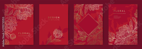 Elegant set of luxurious red backgrounds with golden lines of peony flowers and leaves. Floral frame. Vector templates for wedding invitation, greeting card, packaging, branding, design