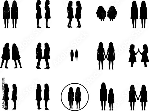 Bild auf Leinwand Twin girls standing silhouette icon set with matching and mirrored poses