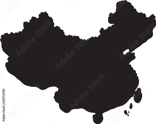 Black silhouette map of China isolated on a white background