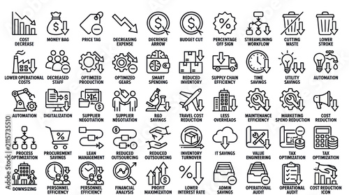 Comprehensive set of business line icons representing cost reduction, financial efficiency, and process optimization strategies for modern enterprises