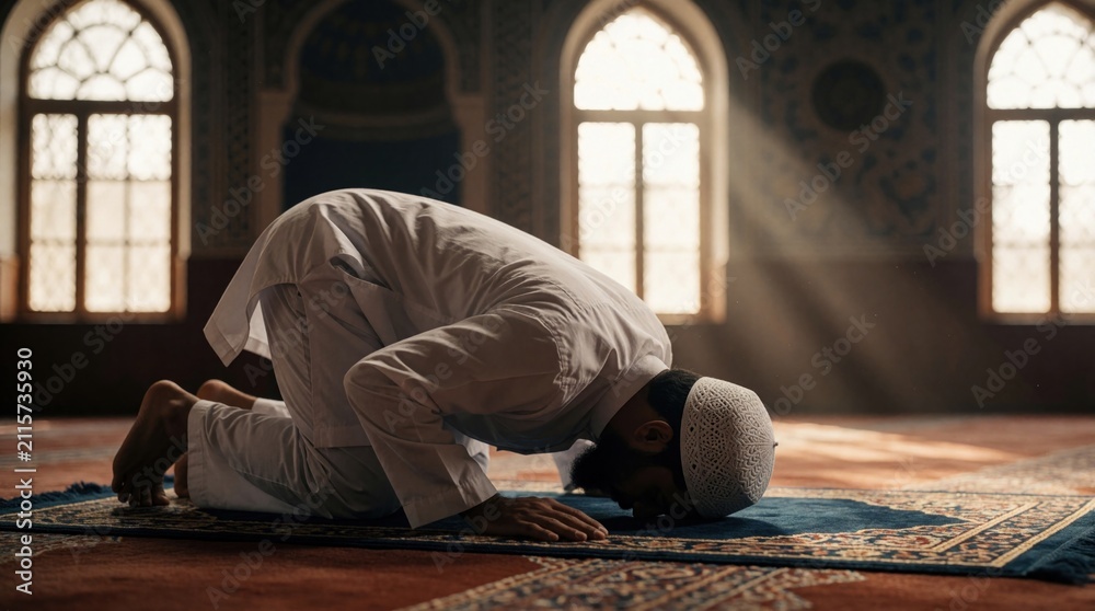 Fototapeta premium Muslim man bows head to prayer rug in mosque interior. Sunbeams stream through arched windows creating serene atmosphere. Man wears white thobe and kufi cap for Islamic worship.