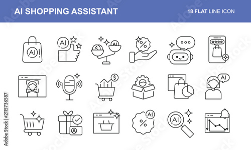 Set of AI Shopping Assistant Flat Line Icons Vector Illustration for E-Commerce Concept