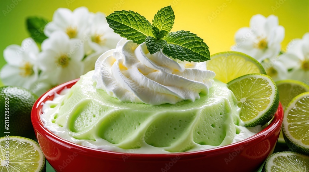 Obraz premium Green lime mousse dessert topped with whipped cream, mint leaves in red bowl. Fresh citrus fruit slices, white flowers decorate wooden table background. Cold sweet creamy pudding treat for summer